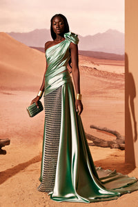 HerTrove-Satin draped dress with fully beaded skirt