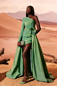 HerTrove-One sleeve taffeta dress with voluminous overskirt