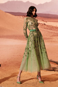 HerTrove-Embroidered in silk threads midi tulle dress
