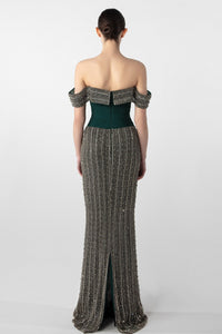 HerTrove-Dark Green Satin gown with beaded mesh overlay
