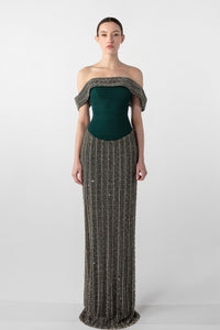 HerTrove-Dark Green Satin gown with beaded mesh overlay