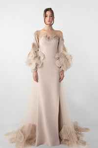 HerTrove-Off-Shoulder Dress with Ruffled Organza Sleeves