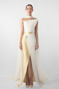 HerTrove-Crepe Dress with Metallic Collar and Chiffon Cape