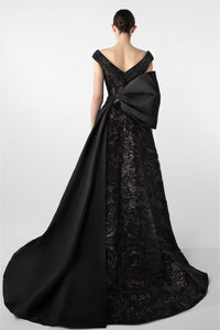 HerTrove-V-Neck Gown with Embroidered Bodice and Oversized Bow