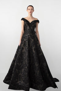 HerTrove-V-Neck Gown with Embroidered Bodice and Oversized Bow