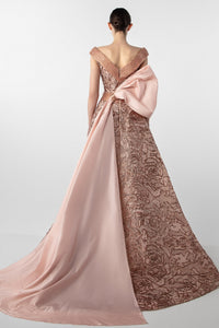 HerTrove-Pink V-Neck Gown with Embroidered Bodice and Oversized Bow