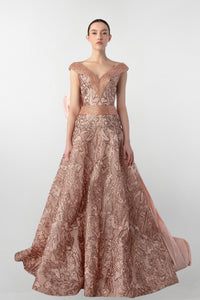 HerTrove-Pink V-Neck Gown with Embroidered Bodice and Oversized Bow