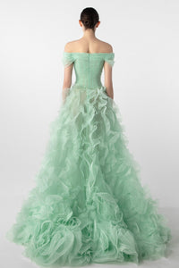HerTrove-Off-Shoulder Draped Gown with Organza Flowers