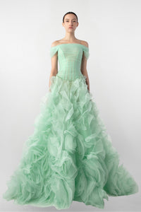 HerTrove-Off-Shoulder Draped Gown with Organza Flowers