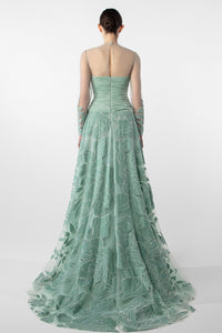 HerTrove-Ruched Bodice Gown with Sheer Embroidery