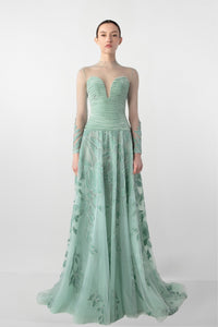 HerTrove-Ruched Bodice Gown with Sheer Embroidery