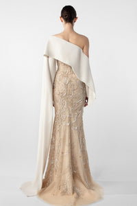 HerTrove-Embroidered Mermaid Dress with Draped Sleeve