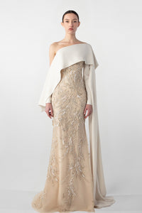 HerTrove-Embroidered Mermaid Dress with Draped Sleeve