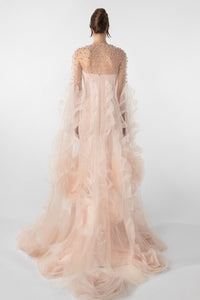 HerTrove-Strapless Dress with Embroidered Cape and Organza Flowers