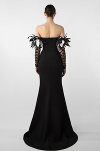 HerTrove-Feather Embellished Crepe Gown