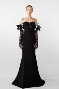 HerTrove-Feather Embellished Crepe Gown