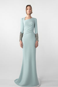 HerTrove-Draped Asymmetric Dress with Embroidered Sleeves