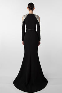 HerTrove-Chain Embellished Crepe Gown with Satin Belt