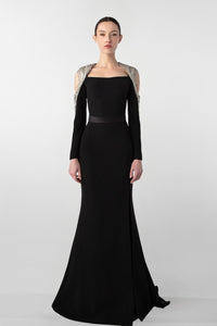 HerTrove-Chain Embellished Crepe Gown with Satin Belt