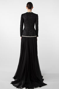 HerTrove-Embroidered Tweed and Chiffon Gown