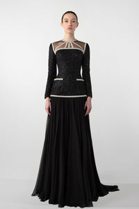 HerTrove-Embroidered Tweed and Chiffon Gown