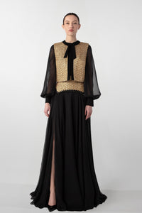 HerTrove-Tweed and Chiffon Ensemble with Embroidered Stones