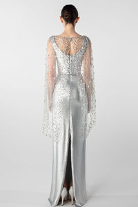 HerTrove-Crystal Embellished Column Dress with Tulle Cape