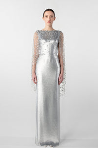 HerTrove-Crystal Embellished Column Dress with Tulle Cape