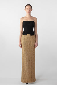 HerTrove-Strapless Draped Chiffon and Tweed Column Dress