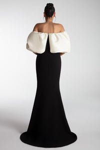 HerTrove-Off-Shoulder Gown with White Drape and Silver Floral Accent