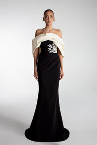 HerTrove-Off-Shoulder Gown with White Drape and Silver Floral Accent