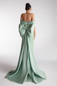 HerTrove-Off-Shoulder Gown with Pleated Bodice and Train