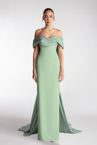 HerTrove-Off-Shoulder Gown with Pleated Bodice and Train