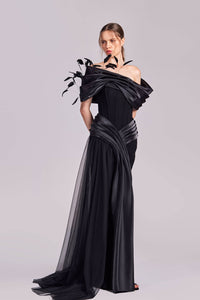 HerTrove-Off shoulder crepe dress with feathers