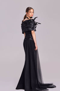 HerTrove-Off shoulder crepe dress with feathers