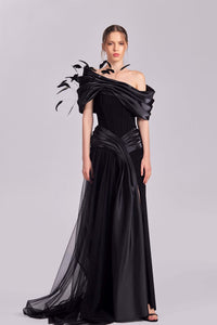 HerTrove-Off shoulder crepe dress with feathers