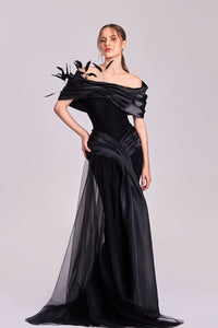 HerTrove-Off shoulder crepe dress with feathers