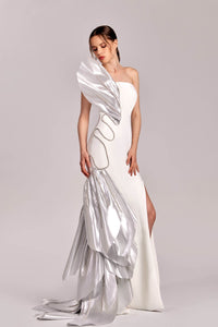 HerTrove-Metallic crepe dress with metallic trims