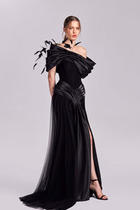 HerTrove-Off shoulder crepe dress with feathers