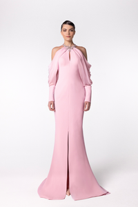 Halter neck crepe dress with beaded collar Custom / Pink Halter neck crepe dress with beaded collar Custom / Pink