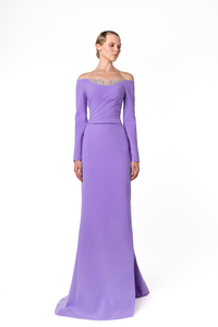 Pleated bodice off shoulder crepe dress – HERTROVE