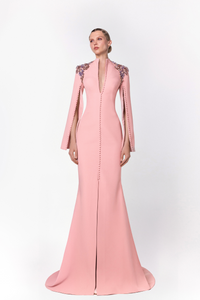 HerTrove-Embellished shoulders mermaid crepe dress