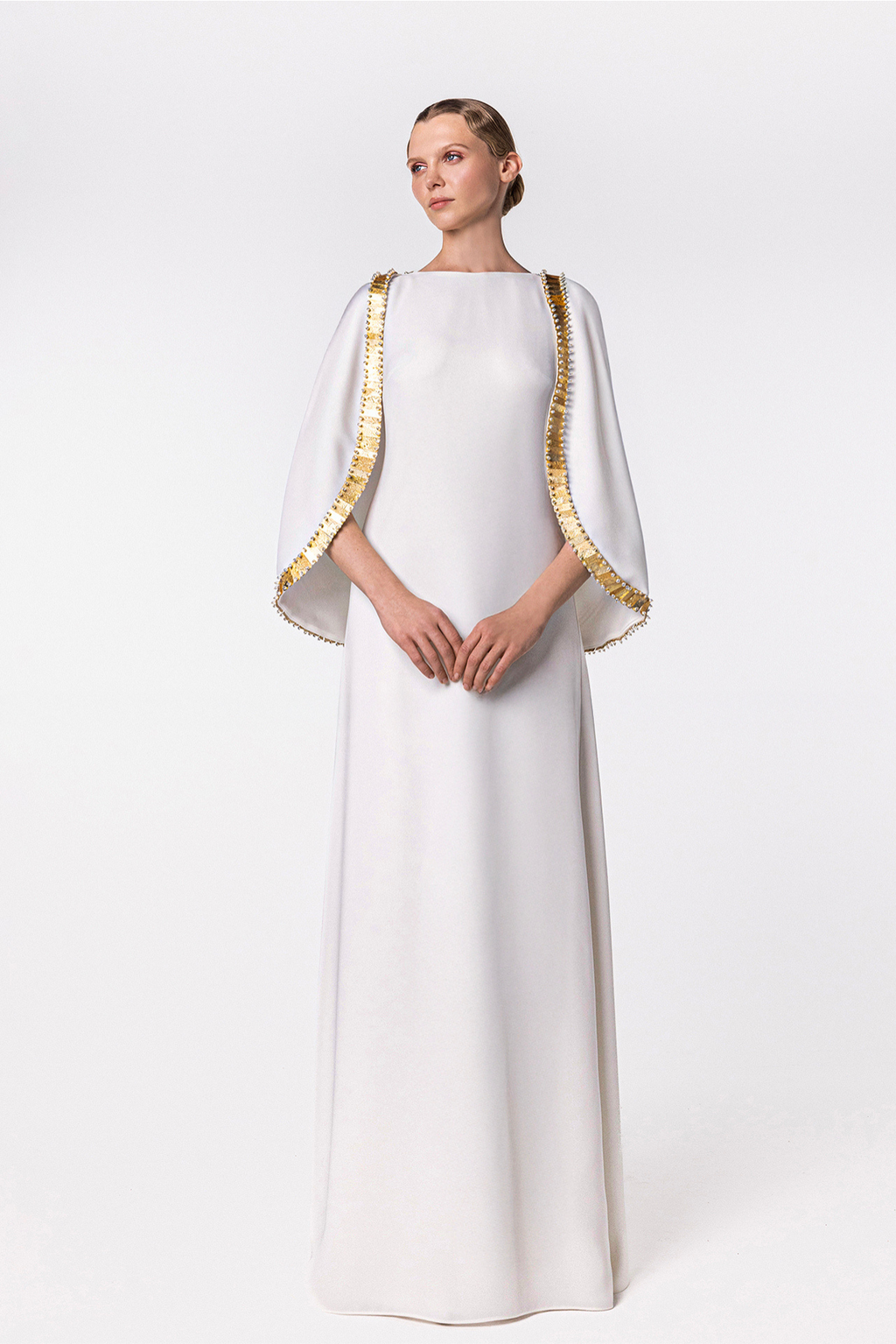 Cape sleeves gold beaded crepe kaftan