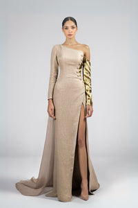 HerTrove-Embroidered Sleeve High Slit Dress