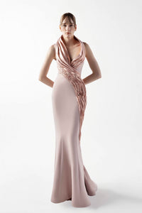 HerTrove-Lace Embellished Halter-Neck Gown