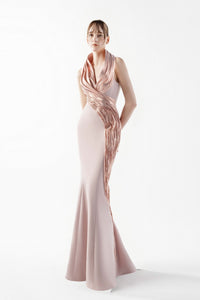 HerTrove-Lace Embellished Halter-Neck Gown