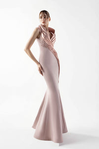 HerTrove-Lace Embellished Halter-Neck Gown