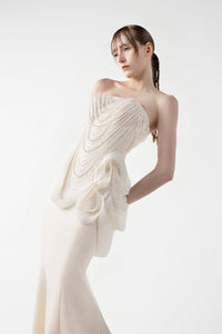 HerTrove-Dress with Lace Embroidery, Pearl Bodice & Organza Detail