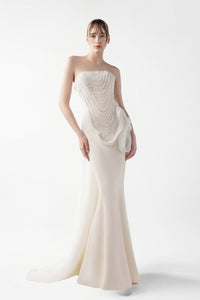 HerTrove-Dress with Lace Embroidery, Pearl Bodice & Organza Detail