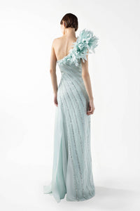 HerTrove-Beaded Dress with Diagonal Lace & Slit